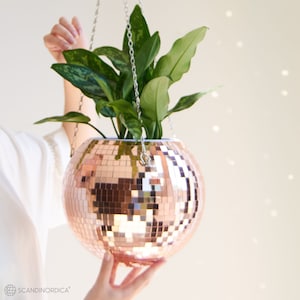 SCANDINORDICA Disco Ball Planter 10&quot; Rose Gold | Disco Planter with Chain, Macrame Hanger, Acrylic Stand, Insert Pot and Gift Box - 10 inch
