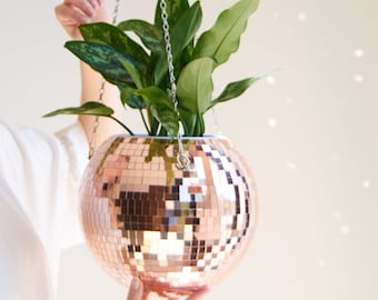 Golden Crystal Disco Ball Hanging Planter Rose Gold