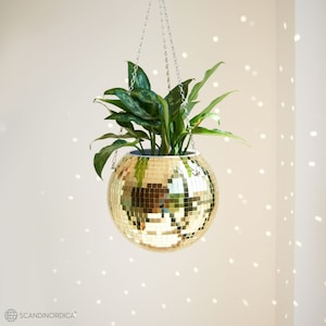 SCANDINORDICA Disco Ball Planter 10&quot; Gold | Disco Planter with Chain, Macrame Hanger, Acrylic Stand, Insert Pot and Gift Box - 10 inch