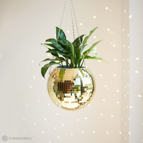 SCANDINORDICA Gold Disco Ball Planter: 10" Hanging Planter With Macrame  Hanger, Chain, Acrylic Stand and Insert Pot - Etsy