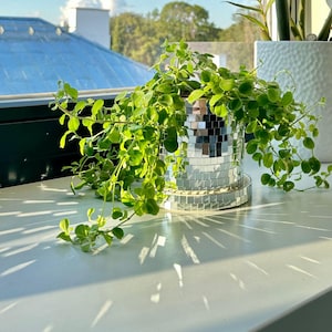 SCANDINORDICA Disco Ball Planter Pot 4.3&quot; - Cute Ceramic Planter Pot with Drainage Hole and Saucer - 0.3x0.3&quot; Mirror Tiles, Plant Lover Gift