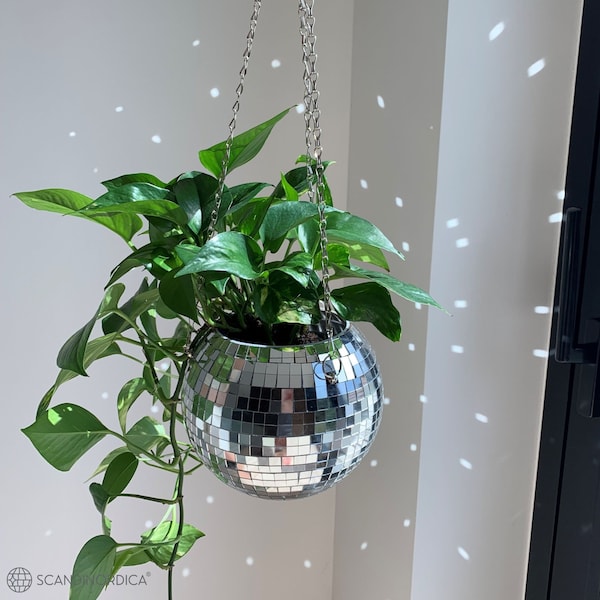 SCANDINORDICA Silver Disco Ball Planter: 8" Hanging Planter with Macrame Hanger, Chain, Acrylic Stand and Insert Pot