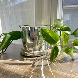 SCANDINORDICA Disco Ball Planter Pot 4.3&quot; - Cute Ceramic Planter Pot with Drainage Hole and Saucer - 0.2x0.2&quot; Mirror Tiles, Plant Lover Gift