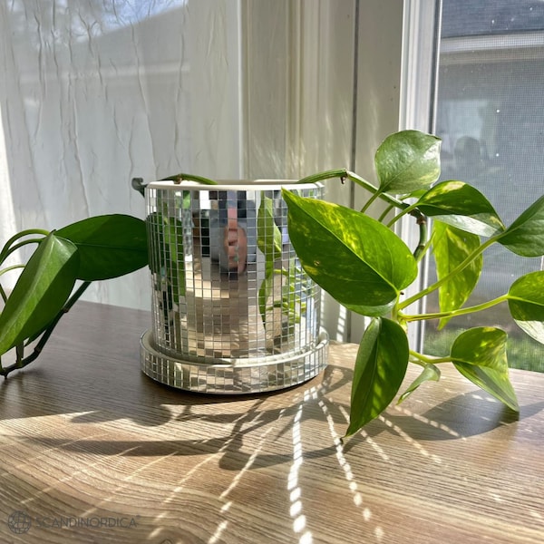 Disco Ball Planter Pot: 4.3" Ceramic Cylinder with Drainage