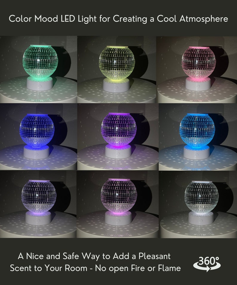 K&ouml;nnte beinhalten: Neun verschiedene Farbvarianten eines Stimmungs-LED-Lichts mit Discokugel-Design. Das Licht befindet sich auf einem wei&szlig;en Sockel und strahlt ein farbiges Leuchten ab. Der Text "Color Mood LED Light for Creating a Cool Atmosphere" befindet sich oben im Bild. Der Text "A Nice and Safe Way to Add a Pleasant Scent to Your Room - No open Fire or Flame" befindet sich unten im Bild. Ein 360-Grad-Symbol befindet sich ebenfalls unten im Bild.