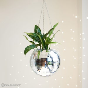 SCANDINORDICA Disco Ball Planter 10&quot; Silver | Disco Planter with Chain, Macrame Hanger, Acrylic Stand, Insert Pot and Gift Box - 10 inch