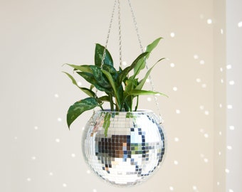SCANDINORDICA Silver Disco Ball Planter: 10" Hanging Planter with Macrame Hanger, Chain, Acrylic Stand and Insert Pot
