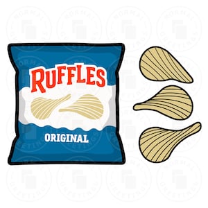 Bolsa de papas fritas con volantes, papas fritas onduladas, logotipo de bolsa de papas fritas, clip art, ilustración de dibujos animados, archivos Cricut, archivos de corte SVG, PNG, bocadillos, vector
