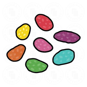 May include: A collection of seven colorful, cartoonish jelly beans. Each bean has a different color: red, yellow, orange, pink, green, purple, and teal. The beans have a black outline and white speckles.