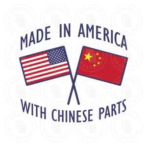 May include: A graphic with the text "MADE IN AMERICA WITH CHINESE PARTS". The image features the flags of the United States and China crossed against a white background.