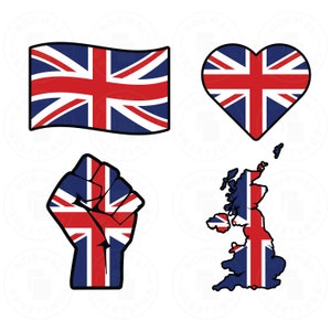 Royaume-Uni SVG PNG Bundle Union Jack Flag British Pride Cricut coupe fichiers vectoriels Londres Royaume-Uni drapeau ondulant Angleterre contour Grande-Bretagne
