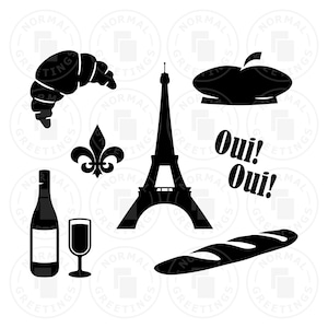 Franse dingen bundel stokbrood Eiffeltoren Frankrijk Parijs Parijse Cricut Files SVG Croissant Beret Wine Bottle Glass Fleur de Lis Oui Europe