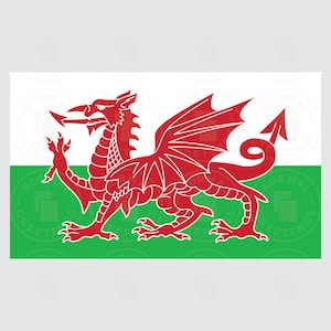 May include: The flag of Wales, featuring a red dragon on a white and green background. The dragon is a prominent symbol of Wales, with its wings spread and a long tail. The flag's design is simple yet striking, with the dragon's details clearly visible.