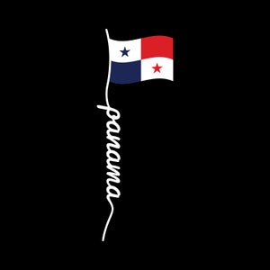 May include: A stylized illustration of the Panamanian flag on a black background. The flag is depicted with its distinctive blue, white, and red quadrants, and the word "panama" is written in a cursive font.