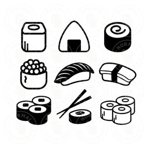Cuisine japonaise Sushi Sashimi Onigiri Anime SVG Bundle fichiers Cricut Cut Rouleau de sushi poisson Japon Clip Art baguettes PNG riz icônes Nigiri