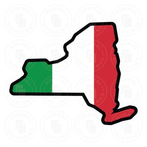 May include: A graphic of the state of New York, outlined in black, with the Italian flag colors filling the shape. The flag's green stripe is on the left, and the red stripe is on the right. The word "NORMAL GREETINGS" is repeated around the image.