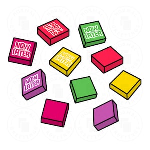May include: An assortment of colorful, square candies with the text "NOW and LATER" on some of them. The candies are in shades of pink, red, green, and yellow, with black outlines.
