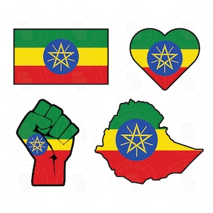 May include: A collection of four graphic designs featuring the Ethiopian flag. The designs include a rectangular flag, a heart-shaped flag, a fist, and a map outline, all incorporating the flag's green, yellow, red, and blue star elements.