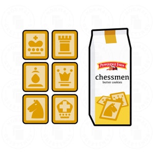 May include: A packet of Pepperidge Farm chessmen butter biscuits. The packet is white with the brand and product name in black. Six yellow chess piece biscuits are displayed, along with a few biscuits spilling out of the packet.