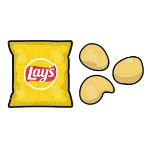 Bolsa de papas fritas Lay's, logotipo de papas fritas amarillas, clip art de bolsa de papas fritas, ilustración de dibujos animados, archivos Cricut, archivos de corte SVG PNG, bocadillos, vector