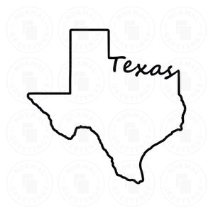 May include: A black outline of the state of Texas with the word "Texas" in a handwritten font. The image is a simple, minimalist design, perfect for stickers, decals, or wall art.