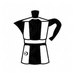 Op de afbeelding: Zwart-wit illustratie van een espressomaker. De koffiepot heeft een handvat, een tuit en een deksel. Het ontwerp is minimalistisch en geschikt voor keukendecoratie of koffie-thema producten.