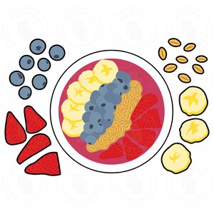 Acai Schale SVG PNG Bundle Layered Cricut Cut Dateien Obst Bananenscheiben Erdbeere Blaubeere Granola Oats Beeren Clip Art Obst Schale