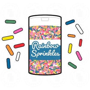 May include: A cartoon illustration of a container of rainbow sprinkles. The container is white with a black outline and a blue label that reads "Rainbow Sprinkles" in white script. Colorful sprinkles are inside and around the container.