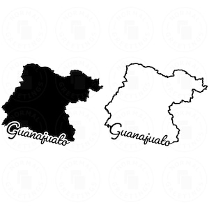 May include: Two black and white outline maps of Guanajuato, Mexico. The left map is filled in, while the right is an outline. The word "Guanajuato" is written in cursive below each map.