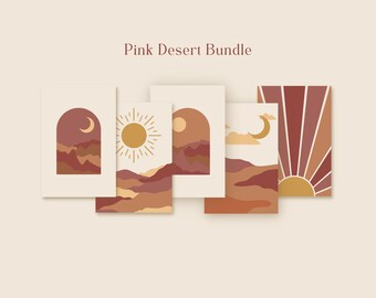 Pink Desert Print Bundle, Abstract mountains wall art, Mid Century Modern decor, Boho Landscape Print, Printable Boho Art Digital Download