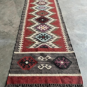 3x12 Ft Multi Colour Wool Jute Kilim Runner Rug, Traditional Eco Friendly Vintage-Flatweave Carpet For Stair-Entryway And Home Decoration.