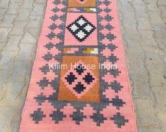 Kilim runner Handwoven Wool Jute Rug Handmade Kilim Dhurrie Rug, ,Motifs Oriental Traditional Indian Geometric Turkish Home decor