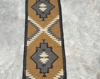 Handwoven Wool Jute Kilim Runner Rug: Black Diamond Pattern