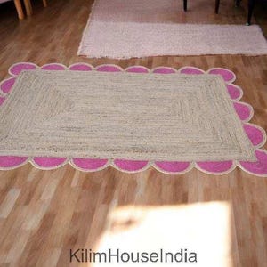Handmade Indian Jute Scalloped Rug Scalloped Edge Rug Boho Scalloped Rug Natural Jute Area Rug Bohemian Decor For Home Decor Custom Size Rug