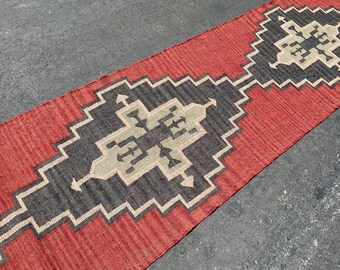 Kilim stair runner - Vintage handmade wool & jute boho hallway carpet, outdoor staircase rug, large bohemian boho Indoor Orange rug