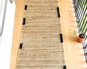 Handmade Black Border Jute Runner Rug: Natural Fiber Hallway Rug (18ft)