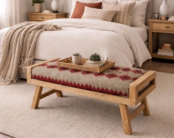 Banco de madera tapizado Kilim, banco de entrada hecho a mano, banco de pasillo estilo bohemio, banco otomano rústico, banco para el pie de la cama del dormitorio, asientos de estilo rústico.