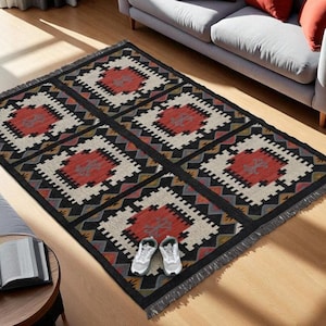 Handmade Wool Jute Kilim Rug, Handwoven, Vintage Area Wool and Jute Rug, Kilim Reversible Dhurrie Rug, Traditional Indian Jute Area Rug