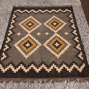 Wool Jute Kilim Area Rug, Handwoven, Wool and Jute Rug Handmade, Black And Gray Kilim Dhurrie Rug, Traditional Indian Jute Rug, Custom Rug