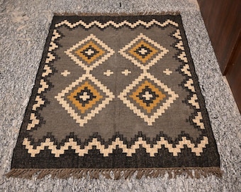 Kilim Area Rug, Handwoven Livingroom Rug, Wool and Jute Rug Handmade, Kilim Dhurrie Rug, Traditional Indian jute Area rug
