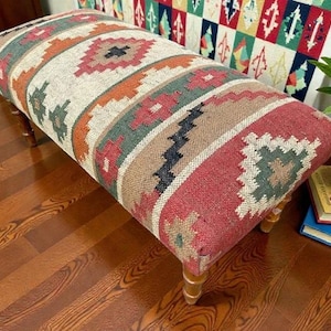 Kilim Rug Bench, Ottoman Upholstered Bench, Handmade Furniture, Footstool Bench, Aztec Bench, Farmhouse Decor, Entry Bench,