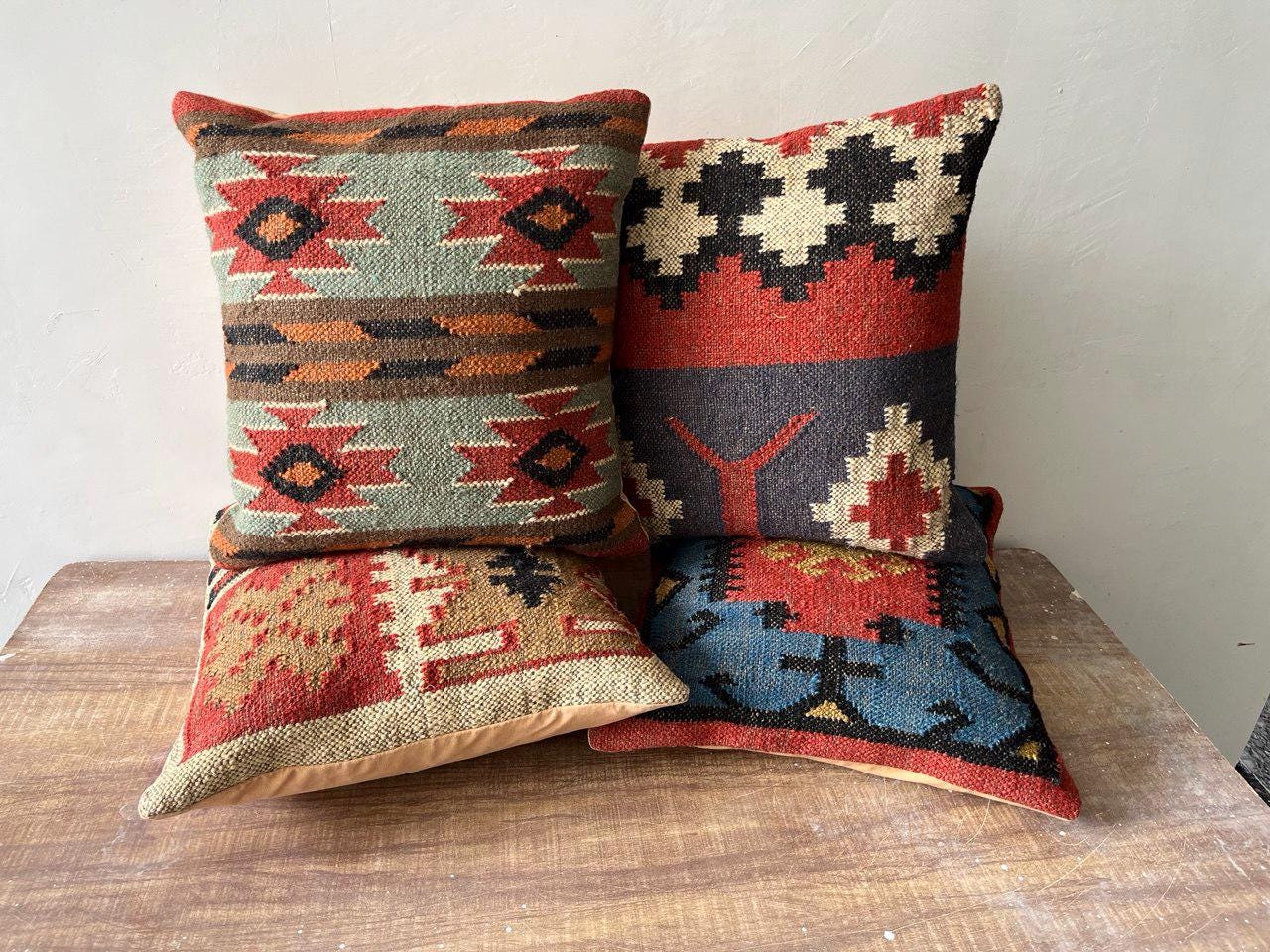 4-set Handwoven Kilim Pillow Covers, Tribal Wool Cushion Covers, Boho ...