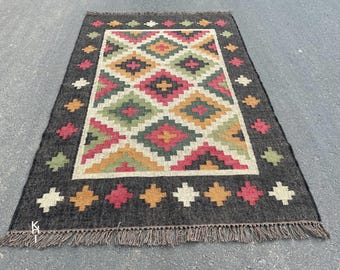 Handmade Kilim Rug Wool Jute Rug Boho Tribal Area Rug Colorful Geometric Flatweave Rug Vintage Style Living Room Bedroom Rug