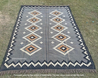 Alfombra Kilim de yute de lana vintage, tejida a mano, alfombra de lana y yute hecha a mano, alfombra Kilim Dhurrie, alfombra tradicional de la zona de yute indio