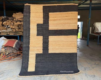 Handmade Natural And Black Hemp Jute Rug, Eco Friendly Bohemian Decor, Custom Size Jute Rug