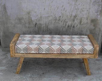 Banco Boho em Tecido de Algodão - Sofá de Madeira Maciça com Estampa de Folhas Feita à Mão - Banco para Quarto em Estilo Escandinavo - Assento Acolchoado Minimalista para Corredor