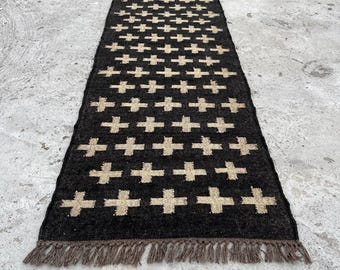 Handwoven Wool Jute Kilim Runner: Black White Plus Geometric Hallway Kilim Runner-Vintage Traditional Stair Decor Custom Size Kilim Runner