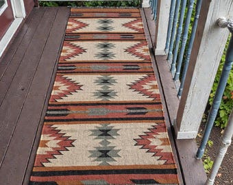 Southwestern Woven Kilim Runner Rug, Navajo Inspired Tribal Rug, Rustic Boho Hallway Runner, Earth Tone Geometric Floor Rug