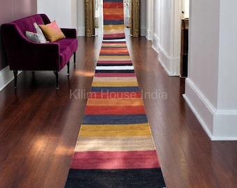 Boho-Chic Hemp and Jute Runner - Rainbow Stripe Chunky Textured Natural Fiber Rug for Minimalist Homes - Vegan And Plastic- Custom Runner