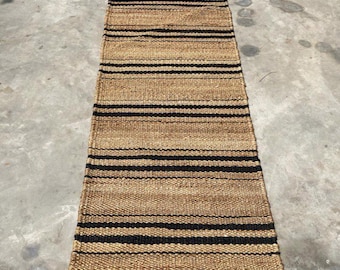 Handmade Natural\Black Striped Hemp Jute Runner, Bohemian Jute Rug, Stair Jute Runner, Hallway Decor Hemp Runner, Modern Farmhouse Runner